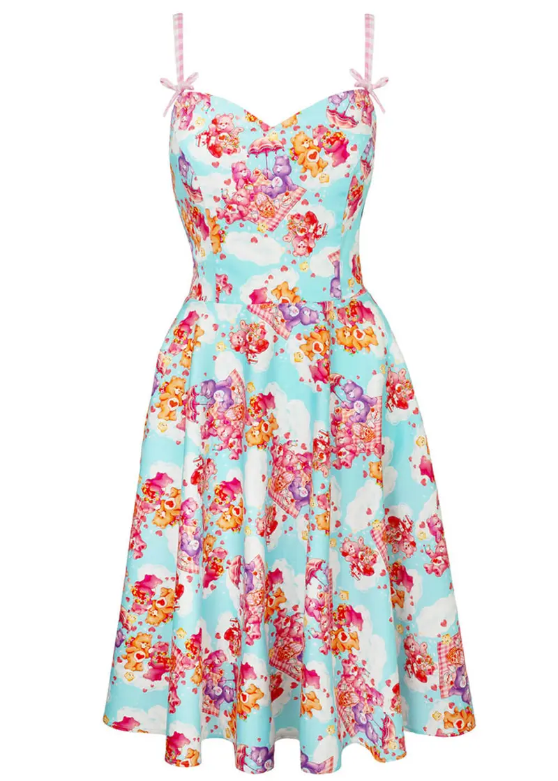 Hell Bunny x Care Bears Picnic Bear Blue 50s Swing Midi Dress
