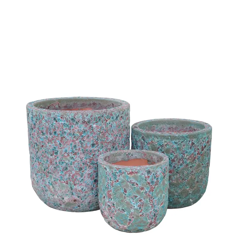 Hiza Green Round Ceramic Pot Rough Finish Low Set van 3 PTMD