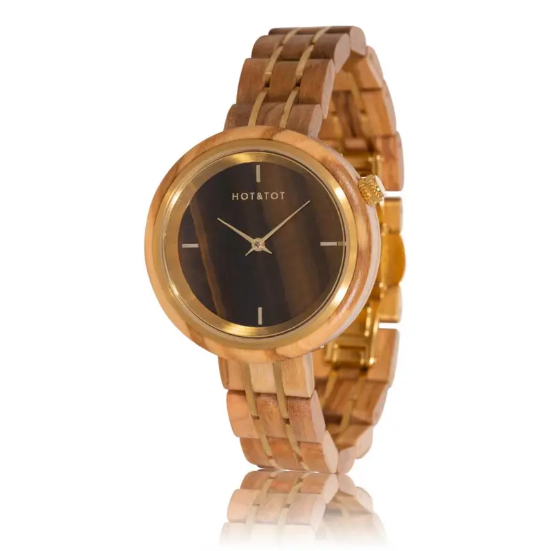 HOT&TOT | AVALON HOUTEN DAMESHORLOGE | 36MM | TIJGEROOG | OLIJFHOUT | GOUD