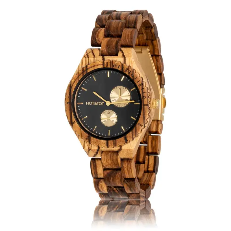 HOT&TOT | CHRONOS HOUTEN HORLOGE MET CHRONOGRAAF | 44MM | GOUD | ZEBRANOHOUT