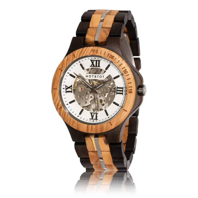 HOT&TOT | Silver Motus houten Horloge | 44MM | Ebbenhout en Zebranohout