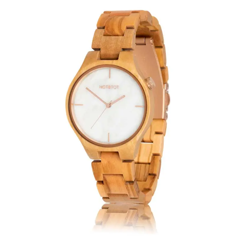 HOT&TOT | TAYGA HOUTEN HORLOGE | 40MM | WIT MARMER | OLIJFHOUT