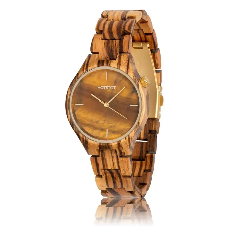 HOT&TOT | TIGANO HOUTEN HORLOGE | 40MM | TIJGEROOGSTEEN | ZEBRANOHOUT