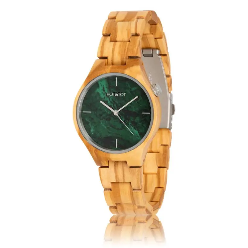 HOT&TOT | VOLEA HOUTEN HORLOGE | 40MM | GROEN MARMER | OLIJFHOUT