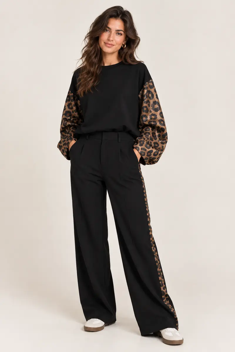 imani pants black/light camel met luipaard bies