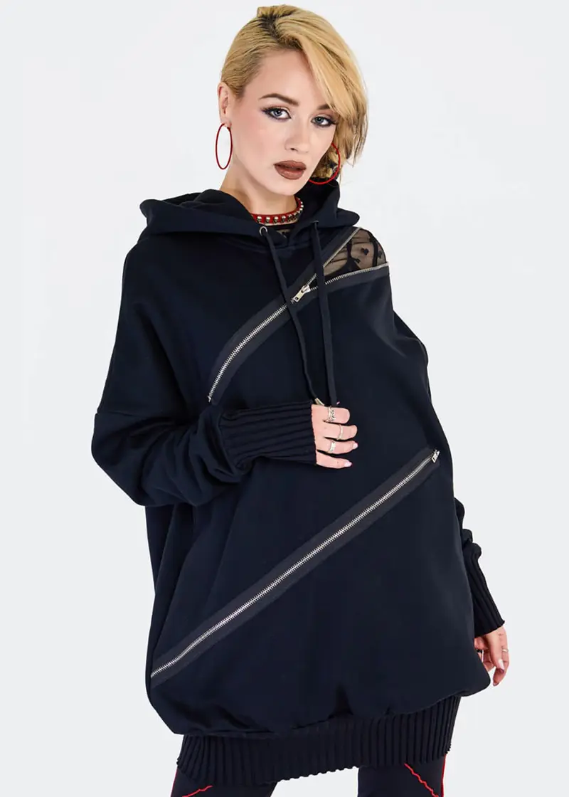 Jawbreaker Zip Front Oversized Hoodie Black