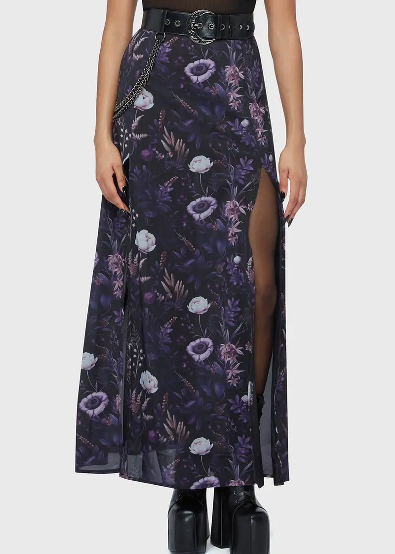 Killstar Dusk's Garden Maxi Skirt Black Purple