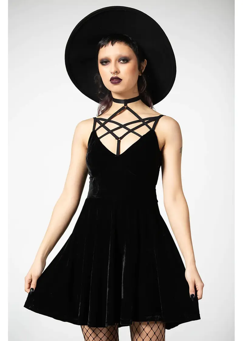 Killstar Magica Velvet Pentagram Skater Dress Black
