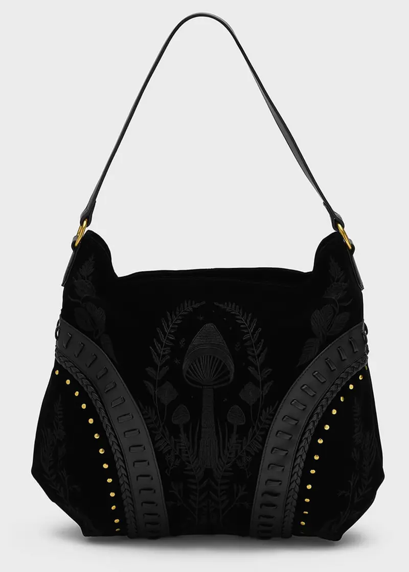 Killstar Magictwill Mushroom Velvet Shoulder Bag Black