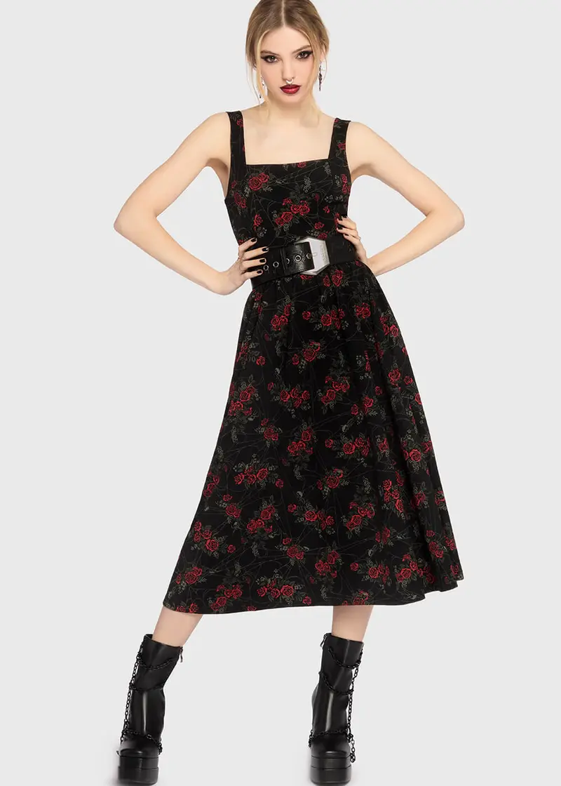 Killstar Poisoned Rose Midi Dress Black Red