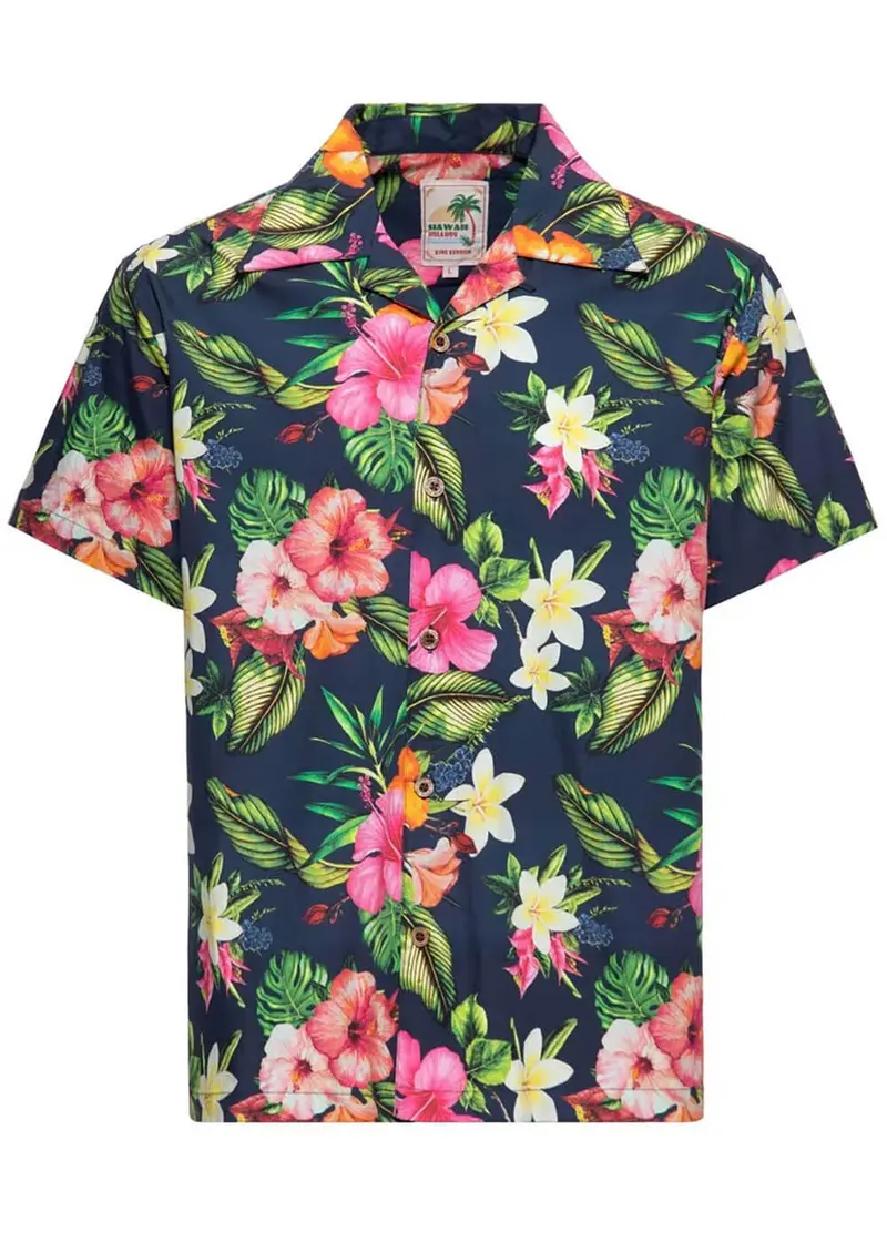 King Kerosin Tropical Flowers Hawaii Shirt Navy