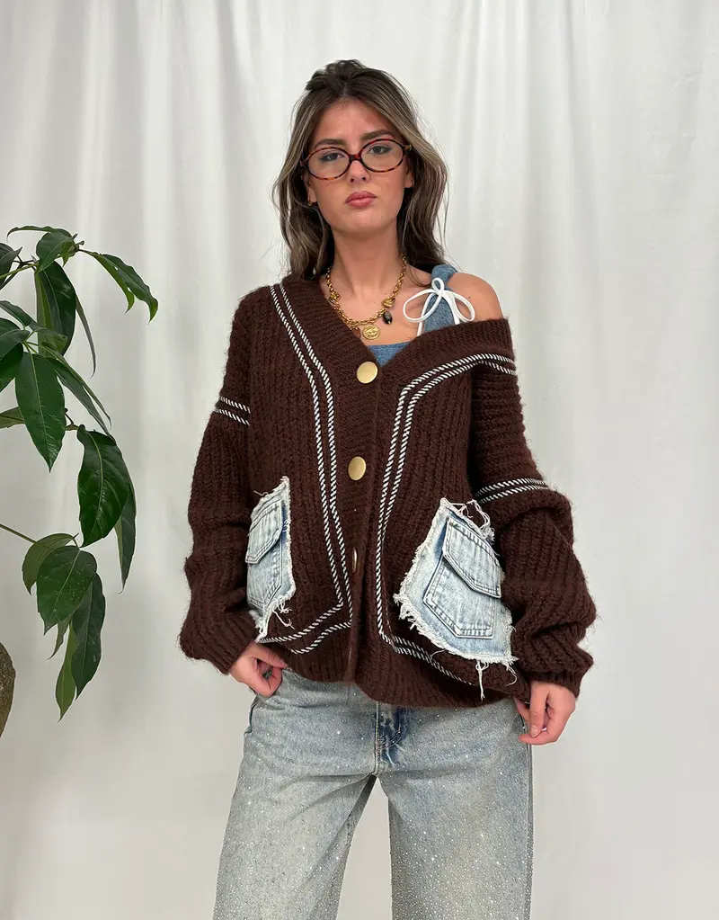 Knit cardigan with denim patch pockets