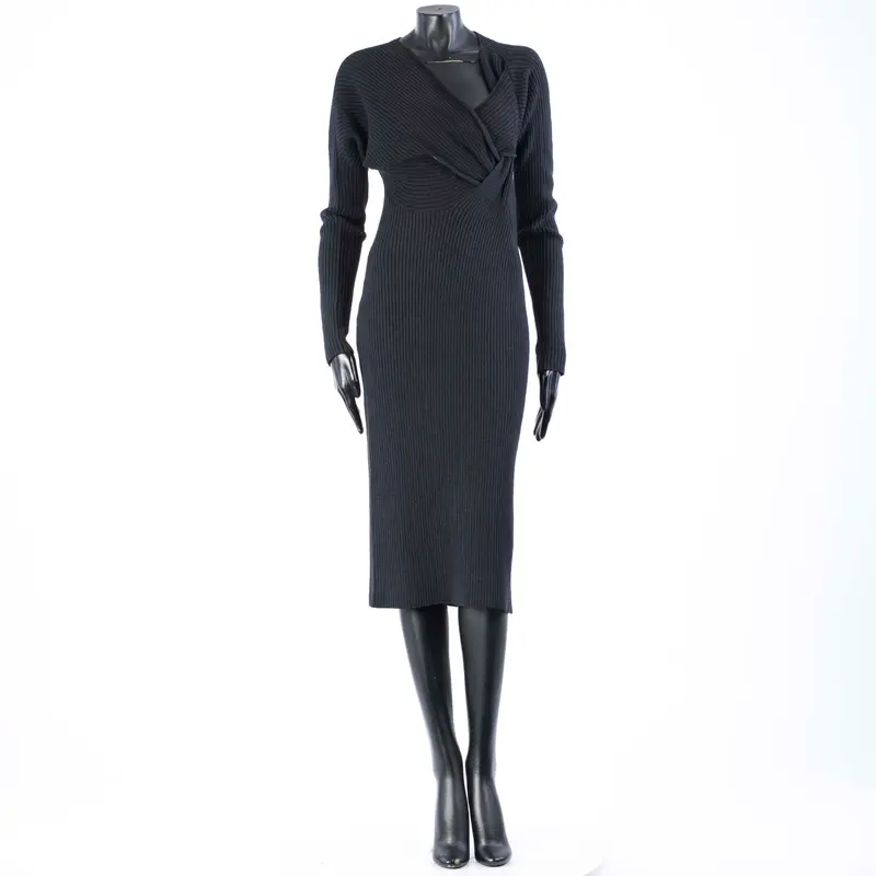 Knit Dress With Twisted Neckline In Black Silk & Wool Blend