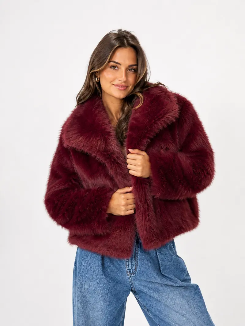 Korte bordeaux faux fur jas