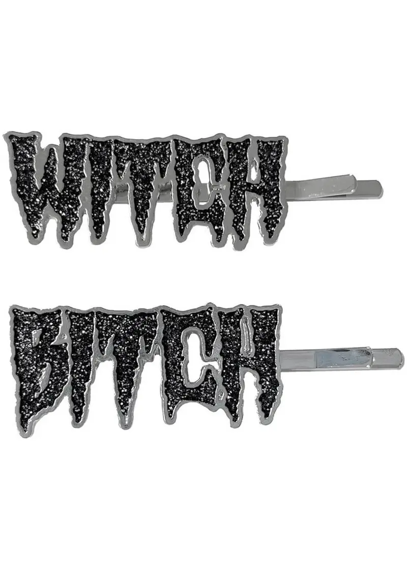 Kreepsville Witch Bitch Text Set Hair Slides Black