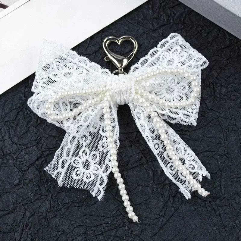 Lace and Faux Pearl Bow Clip-On Keychain Charm