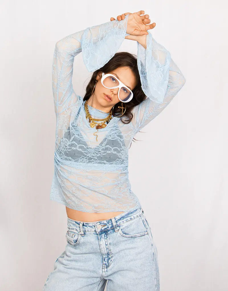 Lace bell sleeves sheer top