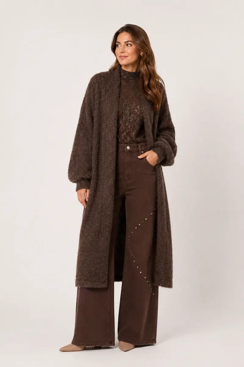 Lang fluffy vest bruin
