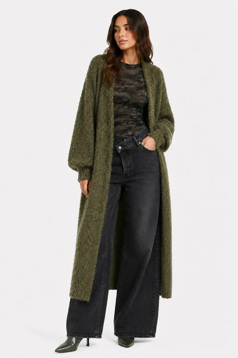 Lang fluffy vest khaki groen