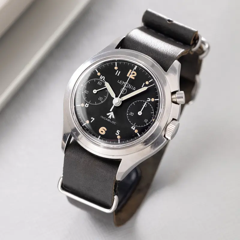 Lemania Monopusher Chronograph 6BB Asymmetric Case Military Chronograph Black Dial issued to the Royal Air Force