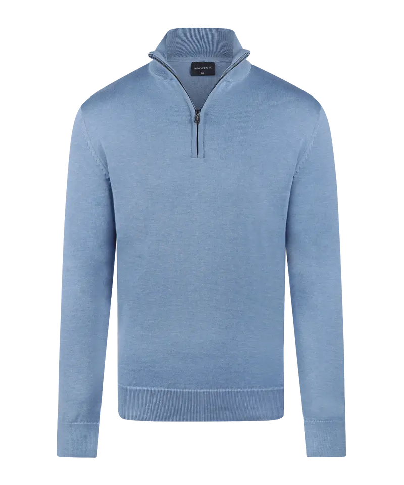 Lichtblauwe half-zip met geribde boorden