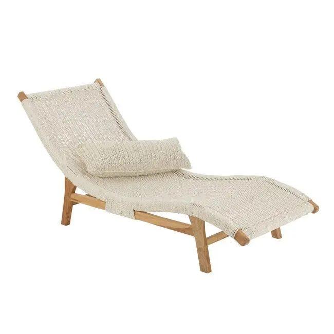Ligstoel + Kussen Geweven Plastiek/Teak Wit