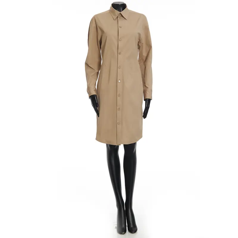 Long Sleeve Compact Stretch Poplin Dress In Khaki