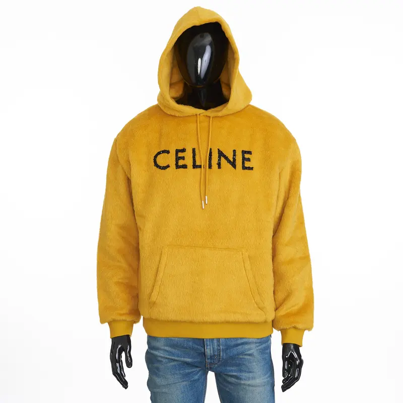 Loose Fit Hoodie In Fuzzy Yellow Wool With Sequined Celine Embroidery