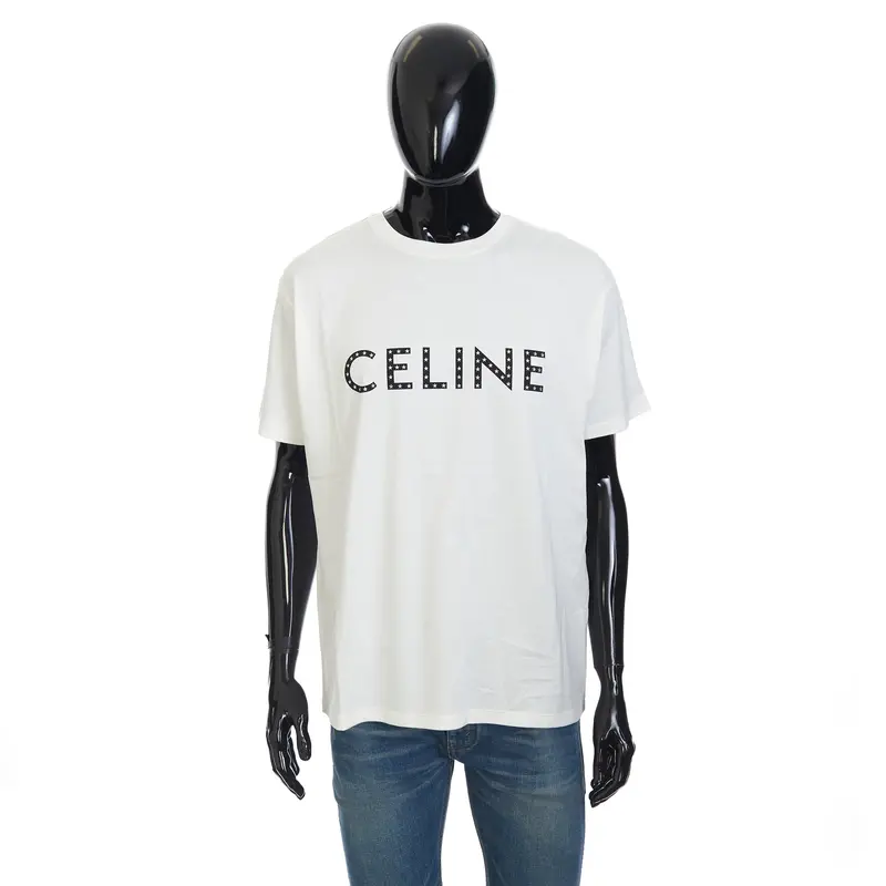 Loose T-Shirt w/ Rhinestone-Studded Logo Print In White Cotton Jersey