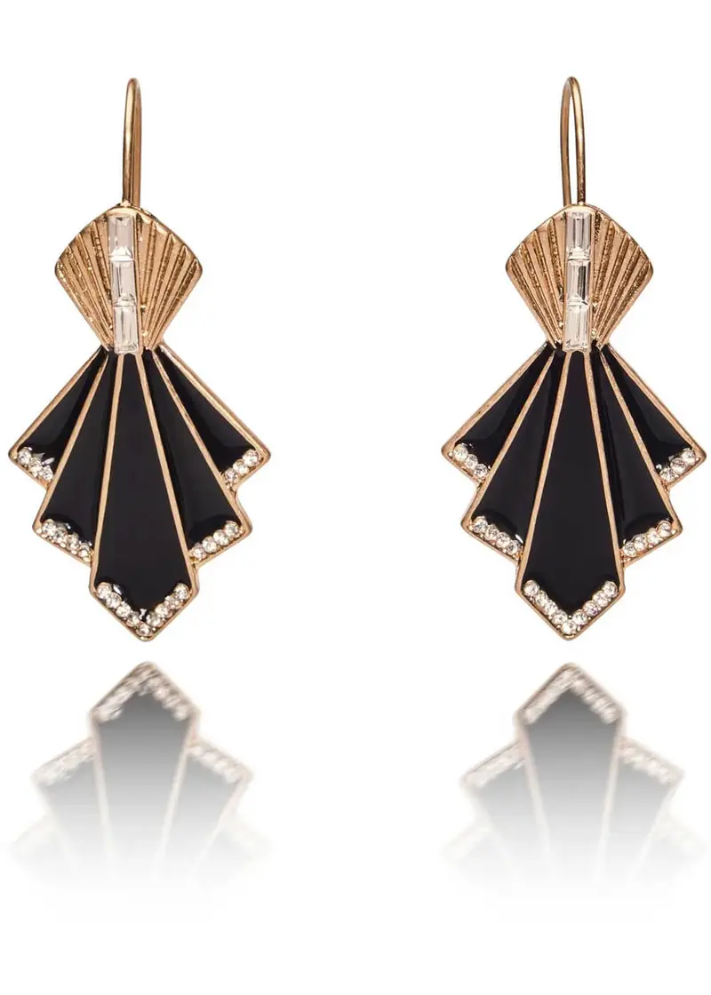 Love Vintage Art Deco Fan Shape 20s Earrings Black Gold