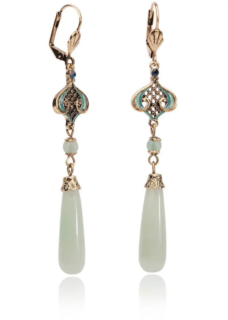 Love Vintage Aventurine 20's Drop Earrings Brass