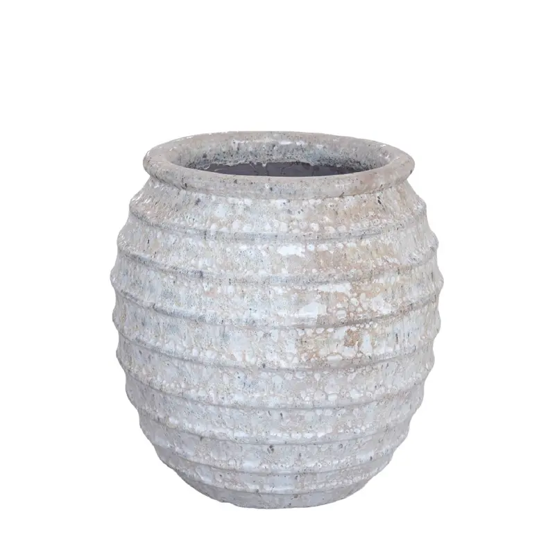 Maeghan White Round Ceramic Pot Lines Rough Finish PTMD