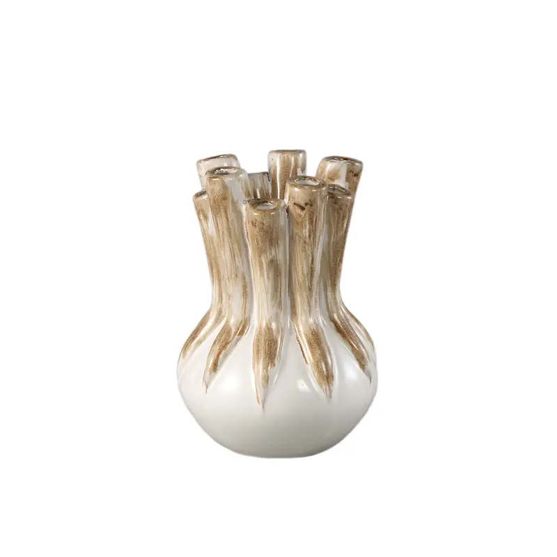 Manali Cream ceramic round vaas colored tubes M