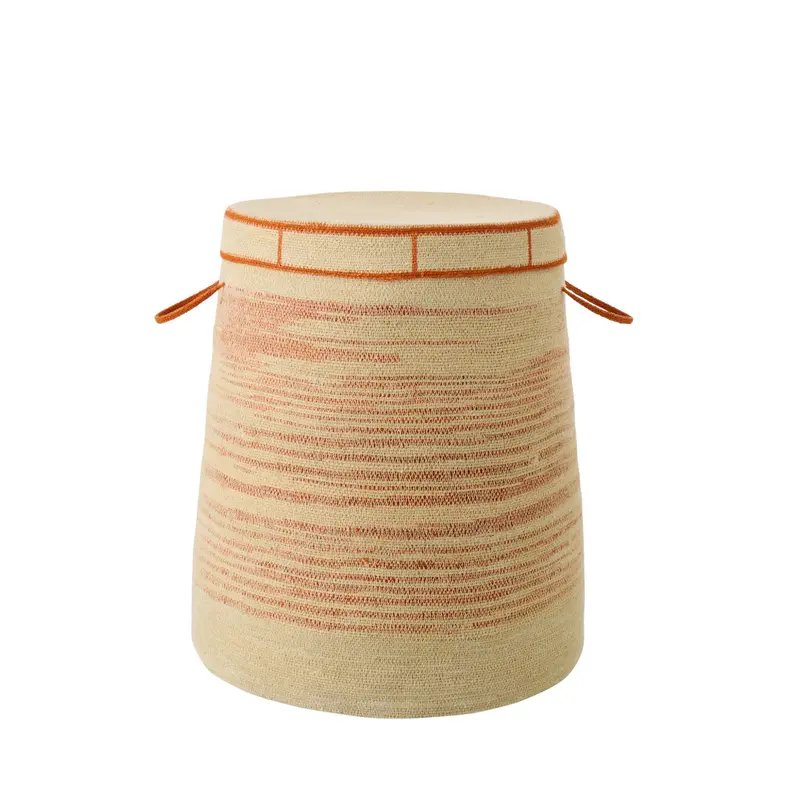 Mand Met Handvat + Deksel Gestreept Zeegras Naturel/Donkeroranje J-Line
