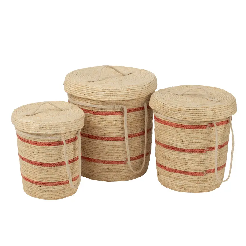 Mand Strepen + Deksel Maïs Naturel/Rood Set van 3 J-Line