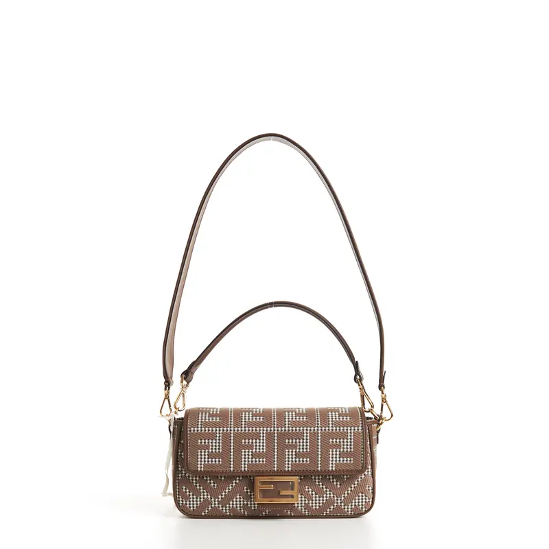 Medium Baguette - Brown Houndstooth Wool Bag With FF Embroidery