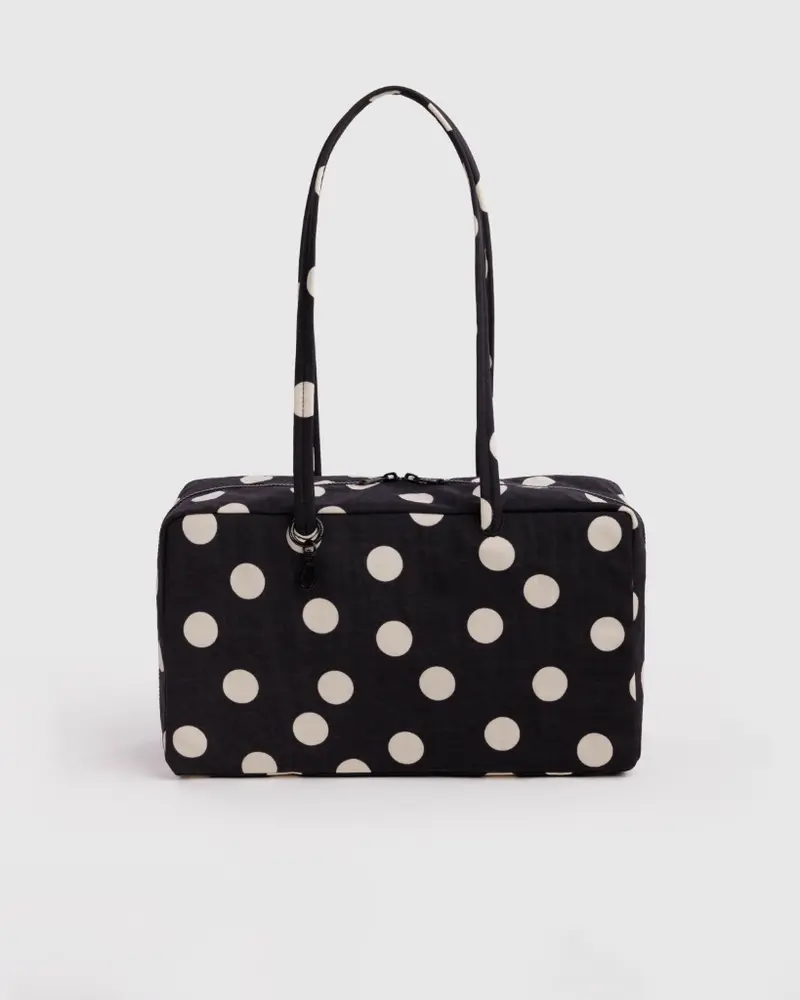 Medium Nylon Bowler Bag - Black & Cream Polkadot