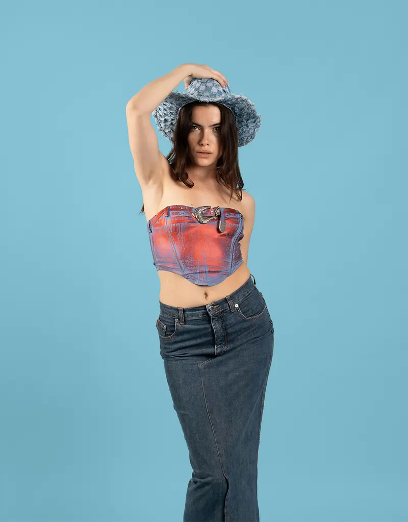 Metallic belted jean top