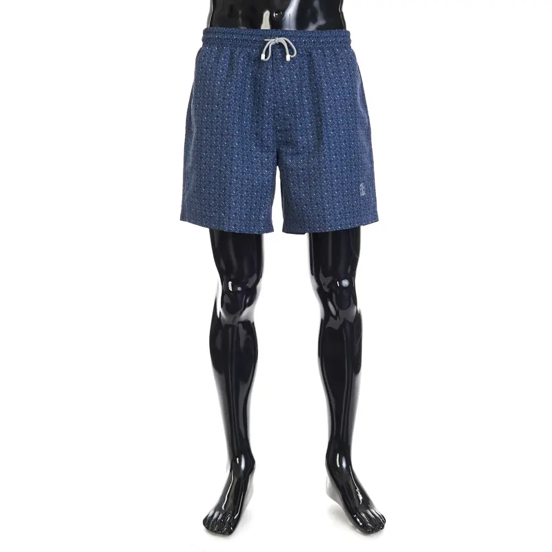 Microfiber Swim Shorts - Geometric Print, Dark Blue