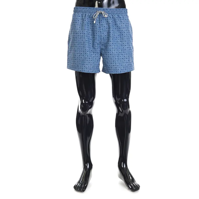 Microfiber Swim Shorts - Geometric Print, Pacific Blue