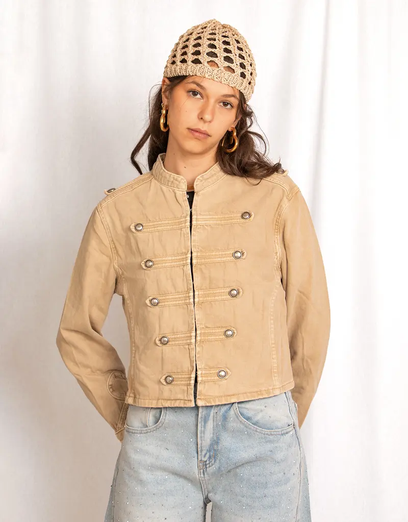 Military button denim jacket