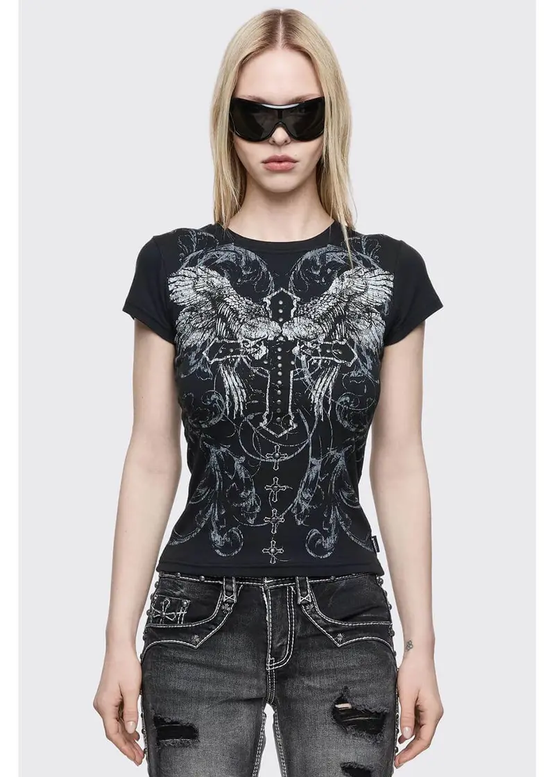 Minga London Winged Cross Baby Tee Black
