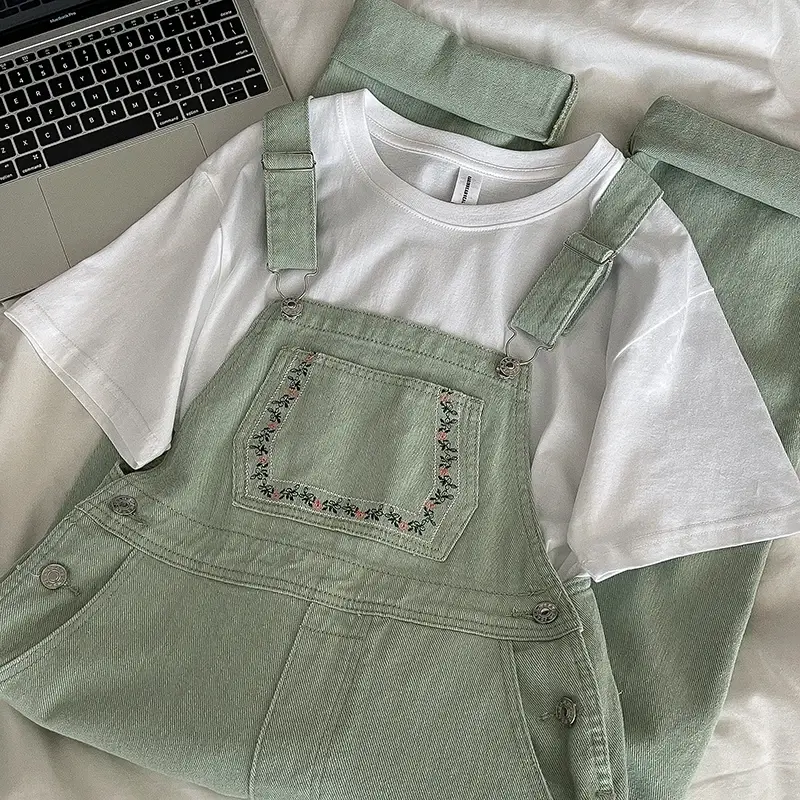 Mint Flower Embroidery Overalls