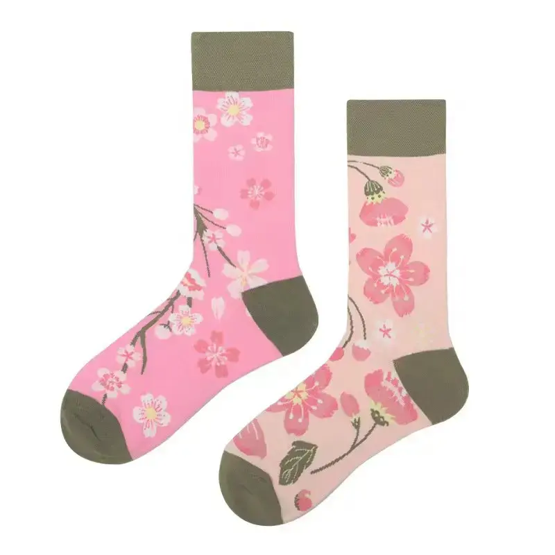 Mismatched Sakura Flower Crew Socks