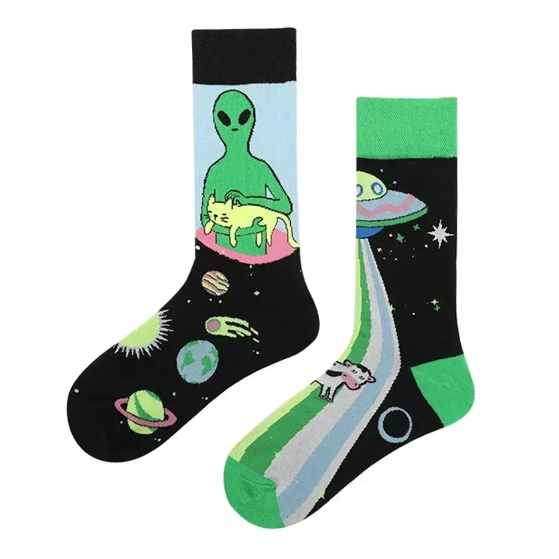 Mismatched UFO Alien Cat Dad Crew Socks