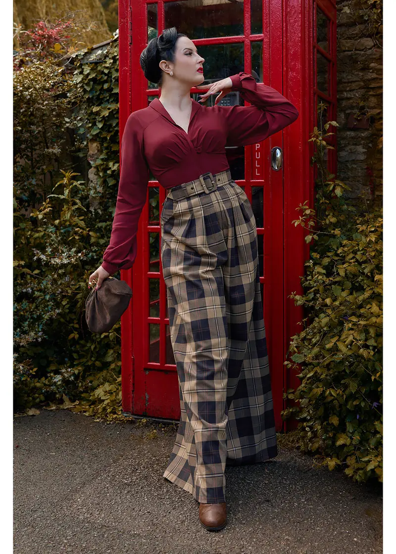 Miss Candyfloss Araminta Tartan 40s Jumpsuit Navy Burgundy