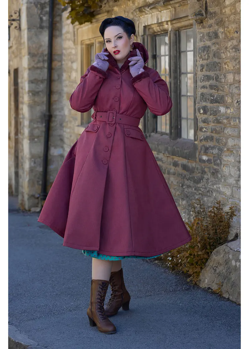 Miss Candyfloss Asta Water-Repellent 40s Swing Coat Wine