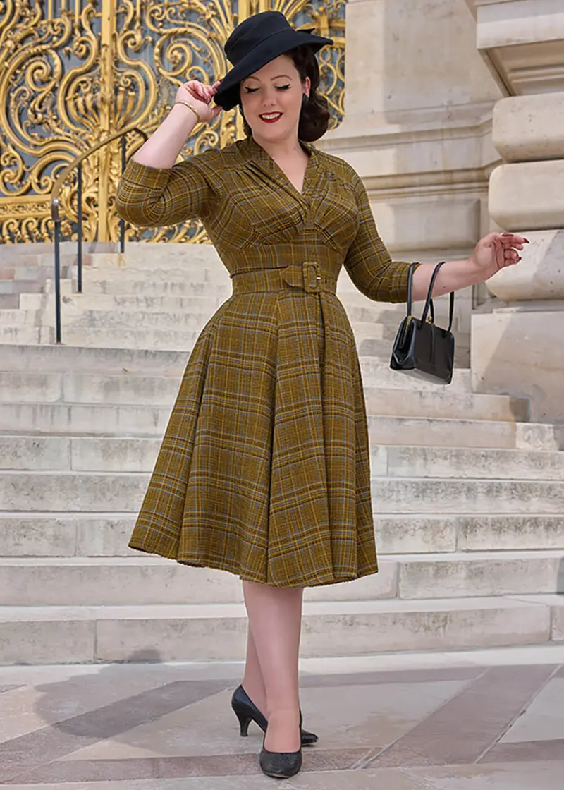 Miss Candyfloss Celeste Naia Tartan 40s Swing Dress Yellow