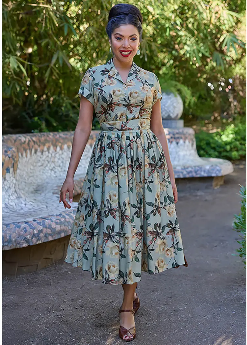Miss Candyfloss Erine Floral 40's Swing Skirt Dusty Mint