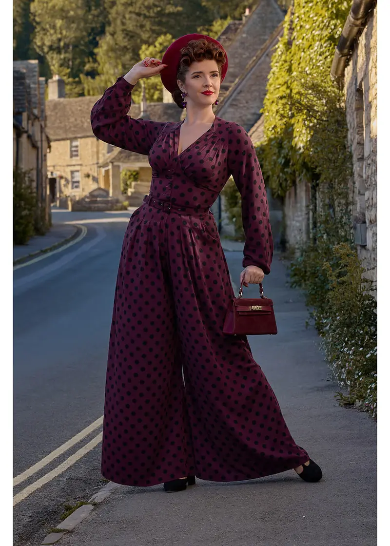 Miss Candyfloss Galina Polkadot 40s Jumpsuit Burgundy